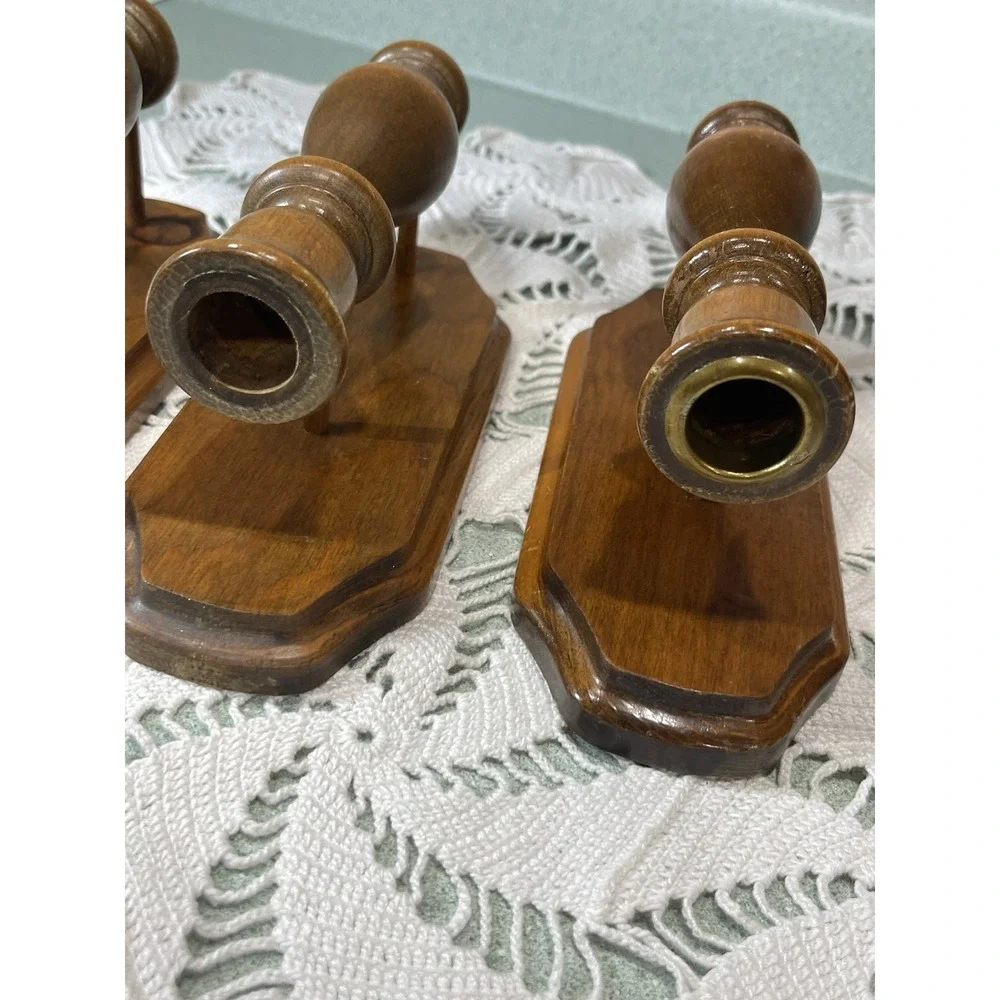 Vintage 70s Colonial Wood Wall Sconce Candle Holders Wooden Rustic Decor 3